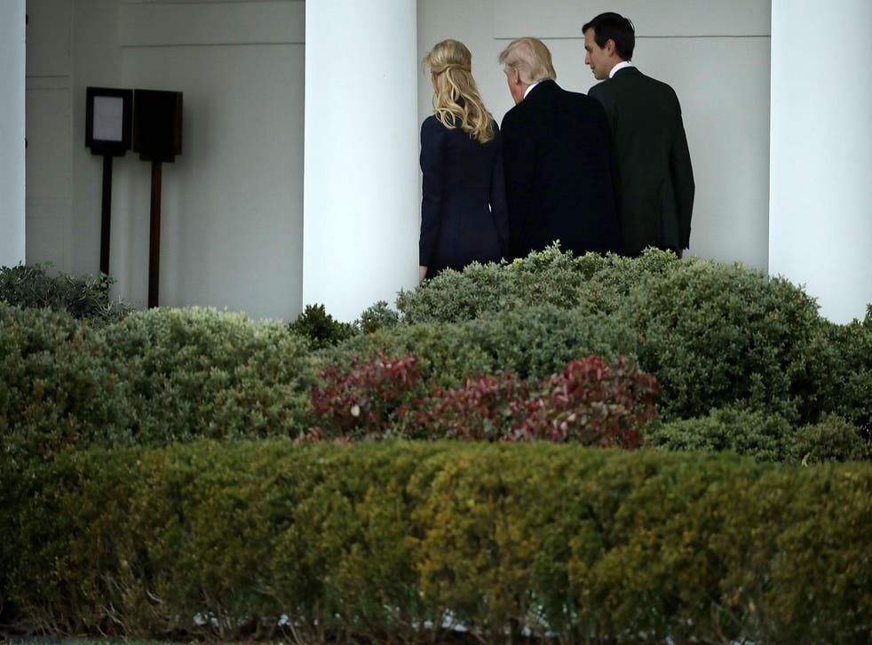 President Donald Trump  walks along the West Wing colonnade with his daughter Ivanka Trump and his son-in-law and Senior Adviser Jared Kushner