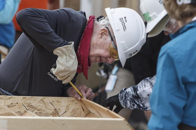 This week was the 34th time that Jimmy Carter, 92, and his wife Rosalynn, 89, have volunteered building affordable homes for the vulnerable