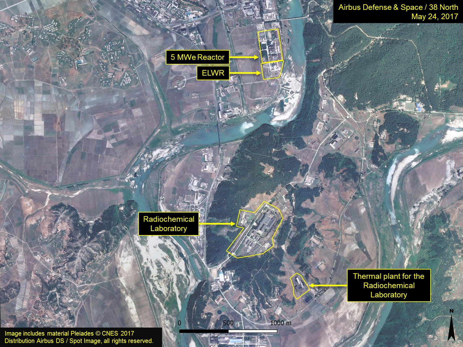 A satellite image of the Yongbyon nuclear plant in Nyongbyon County, 56 miles north of Pyongyang (Airbus Defense &amp;amp; Space and 38 North. Includes material Pleiades © CNES 2017 Distribution Airbus DS / Spot Image, all rights reserved)