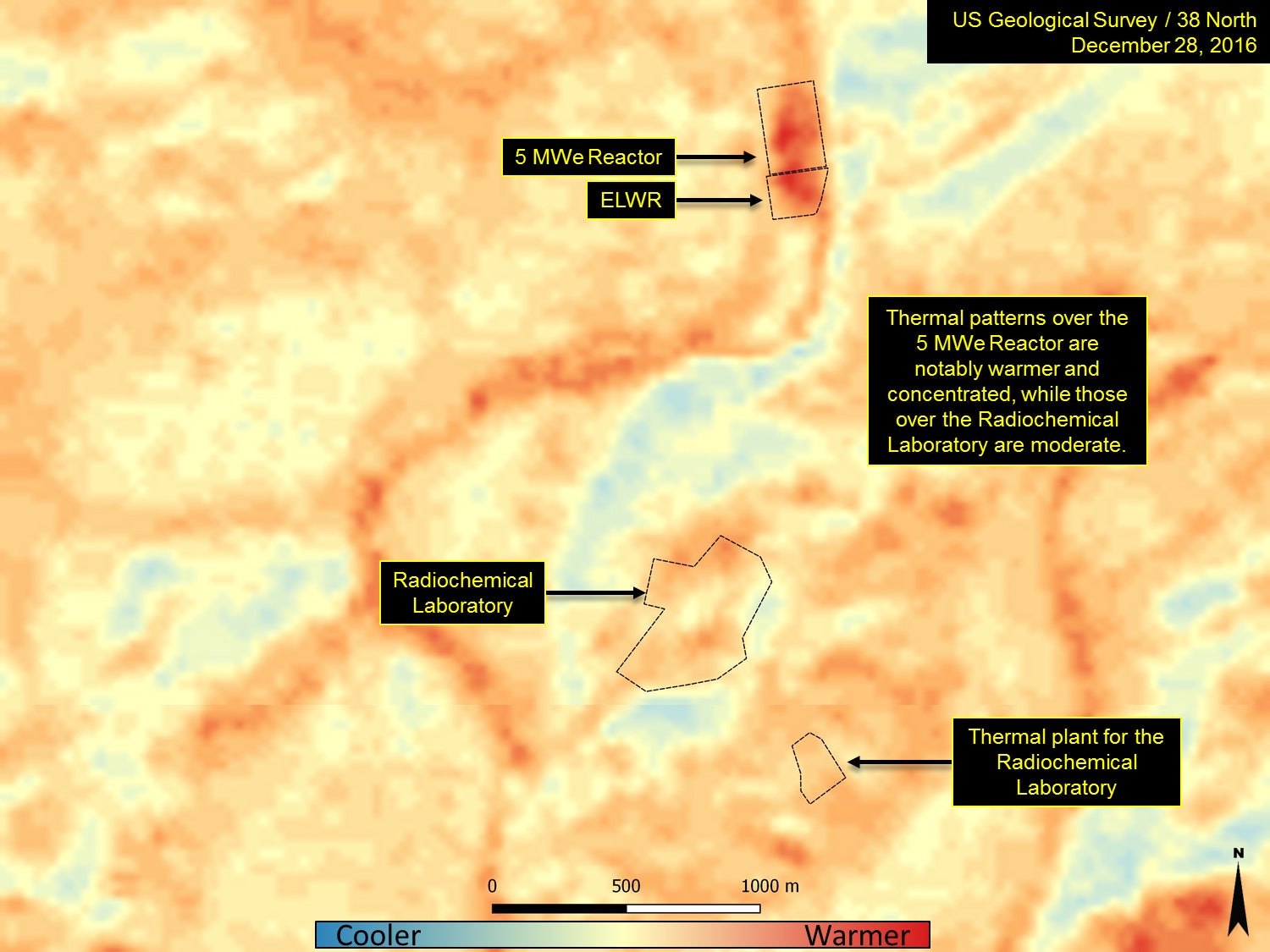 A thermal satellite image of the Yongbyon nuclear plant in Nyongbyon County, 56 miles north of Pyongyang. (Airbus Defense &amp;amp; Space and 38 North. Includes material Pleiades © CNES 2017 Distribution Airbus DS / Spot Image, all rights reserved)