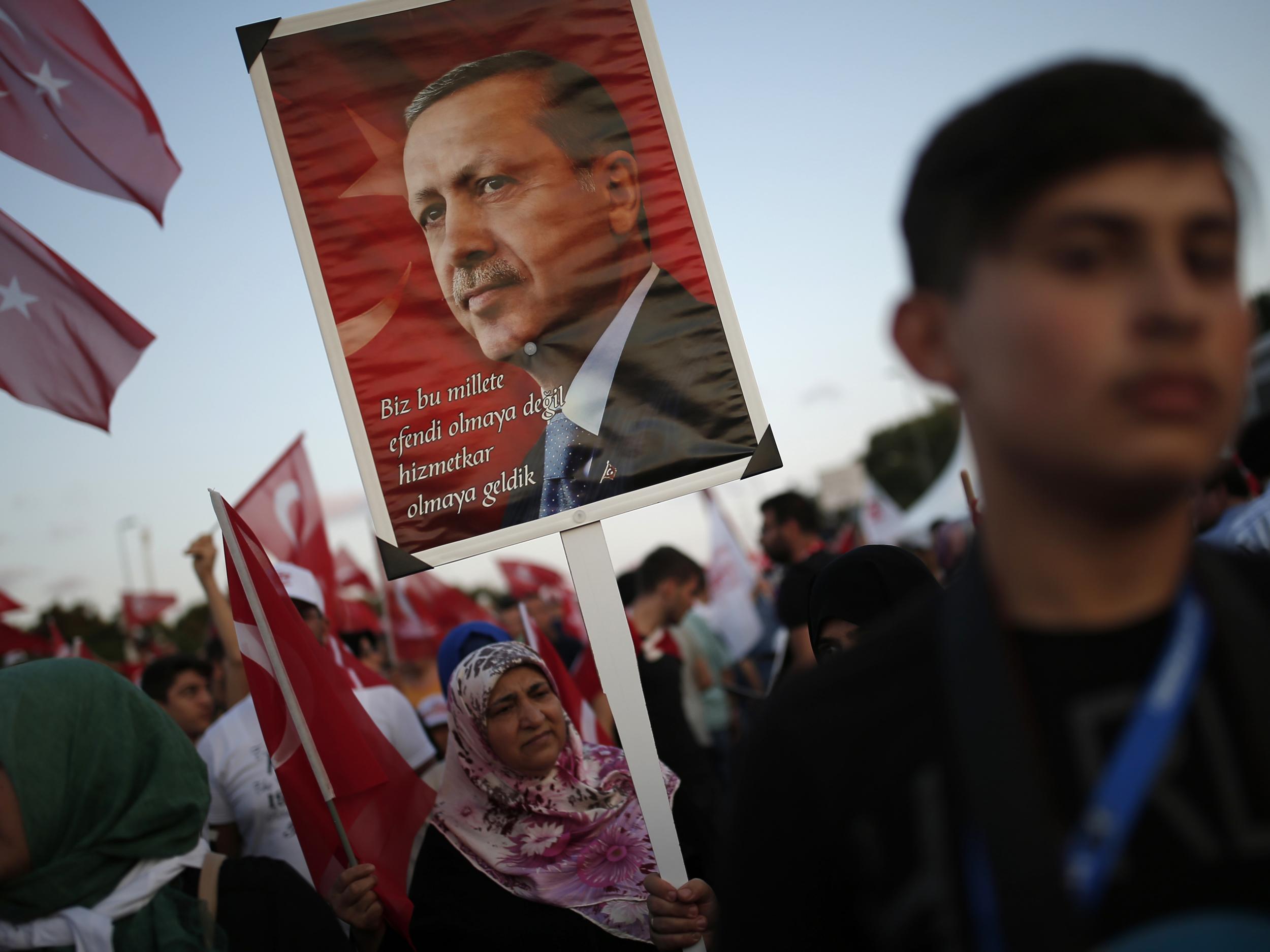 Show of strength: rally in Istanbul served to rubber-stamp Mr Erdogan’s authority following last year’s coup attempt