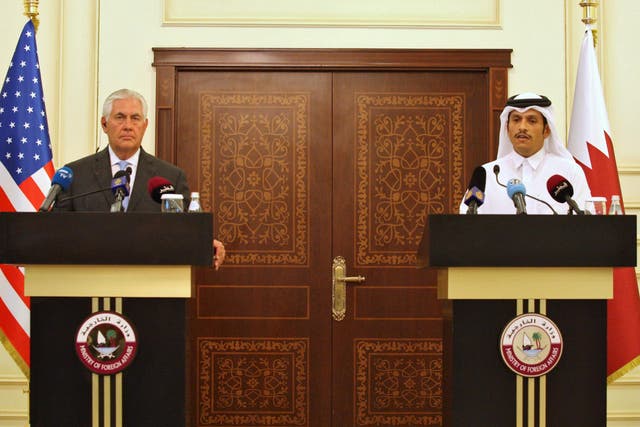 Qatari Foreign Minister Sheikh Mohammed bin Abdulrahman al-Thani (R) and US Secretary of State Rex Tillerson speak at a joint news conference addressing the Gulf diplomatic crisis in Doha on 11 July 2017