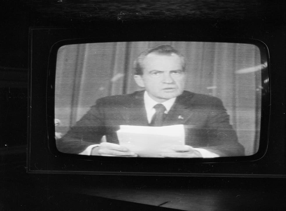 A photo of Richard Nixon when he announced his resignation on television