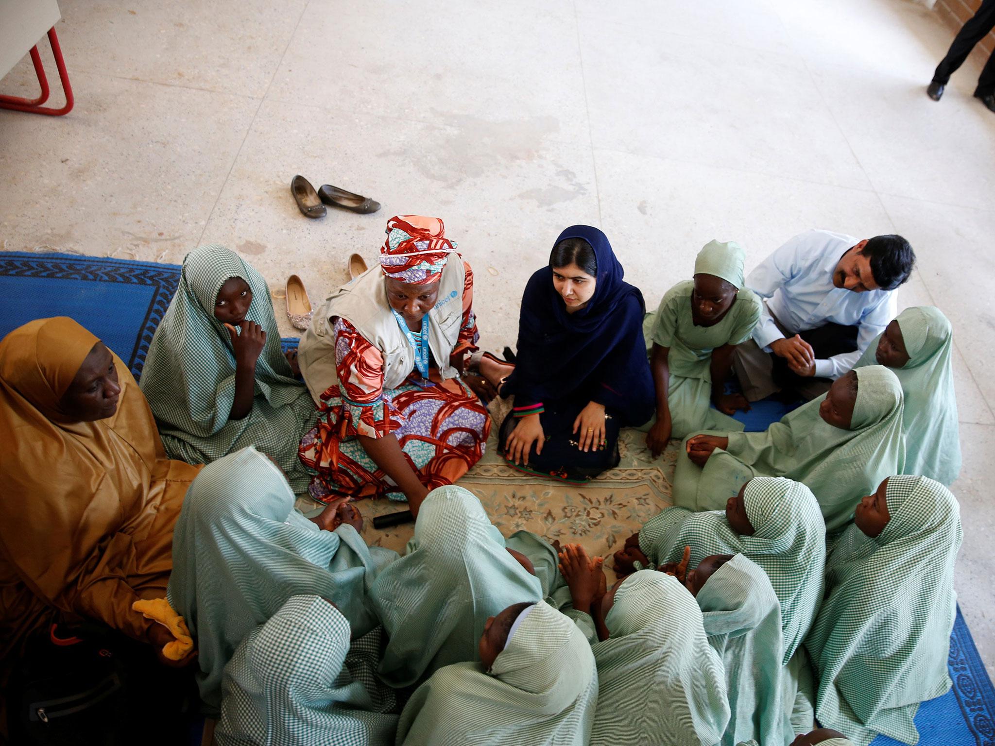 Nobel laureate Malala Yousafzai seen in a group discussion with some of the student of Yerwa Girls school in Maiduguri, Nigeria