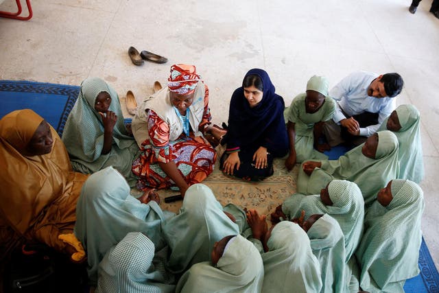 Nobel laureate Malala Yousafzai seen in a group discussion with some of the student of Yerwa Girls school in Maiduguri, Nigeria