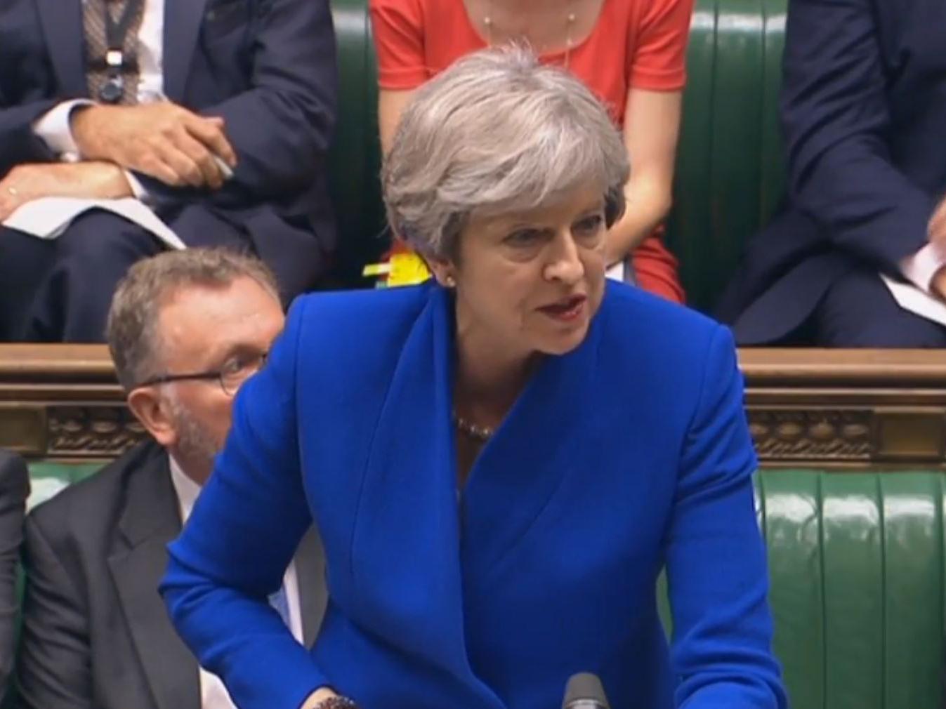 Prime Minister Theresa May speaks during Prime Minister's Questions in the House of Commons