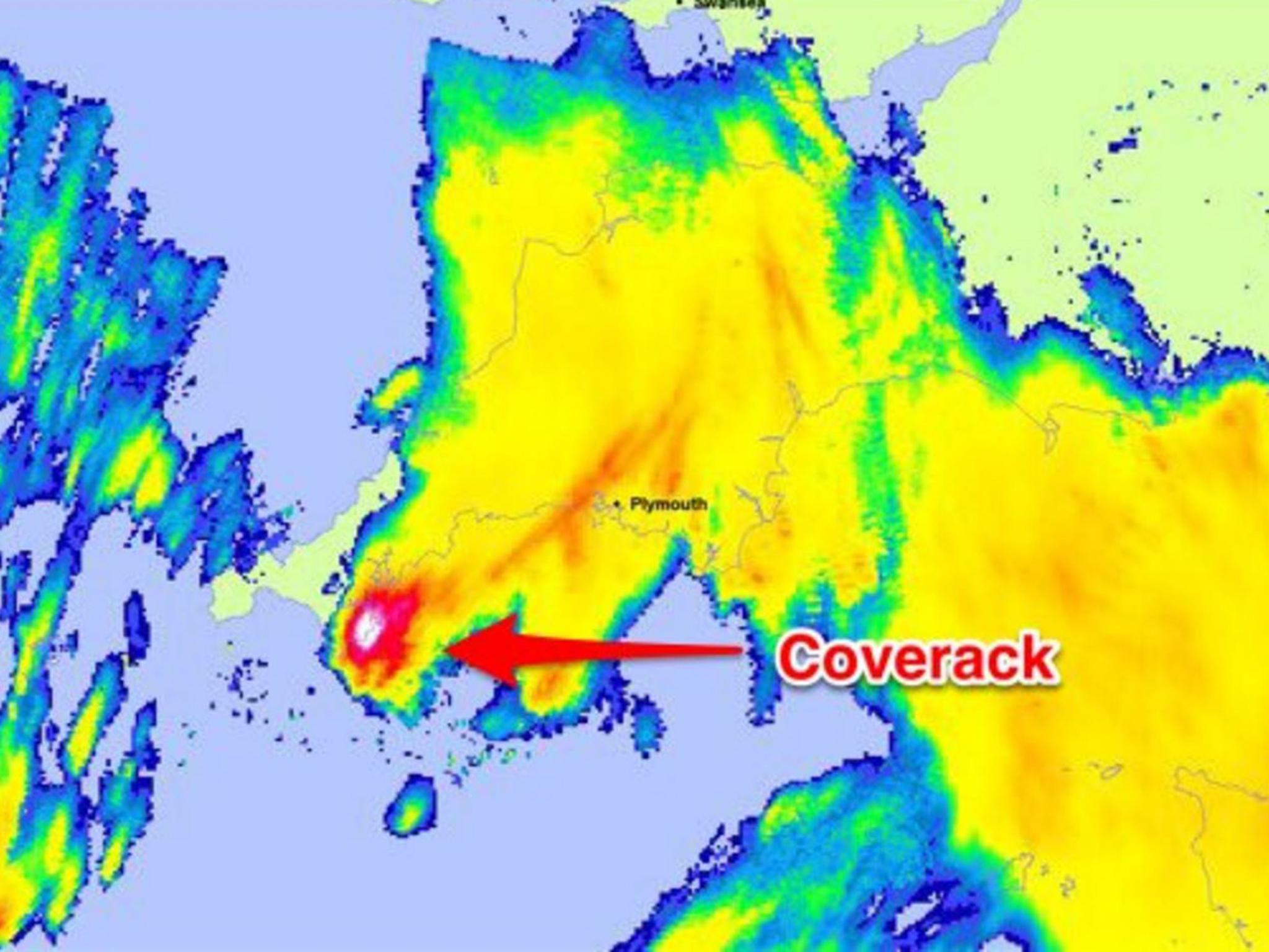 Weather radar image showing rainfall at Coverack, Cornwall