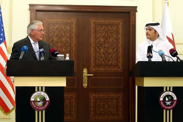 US Secretary of State Rex Tillerson and Qatari Foreign Minister Sheikh Mohammed bin Abdulrahman Al-Thani at a press conference in Doha on 11 July, 2017