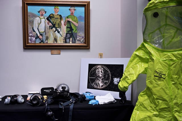 Protective equipment is seen before a press conference about fentanyl at the headquarters of the Drug Enforcement Agency  June 6, 2017 in Arlington, Virginia