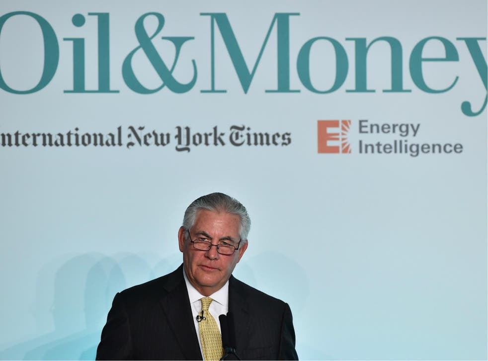Chairman and CEO of US oil and gas corporation ExxonMobil, Rex Tillerson, speaks during the 2015 Oil and Money conference in central London on 7 October 2015