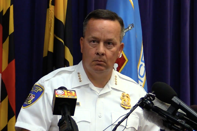 Baltimore Police Commissioner Kevin Davis speaks at a press conference about allegations of officers planting drugs