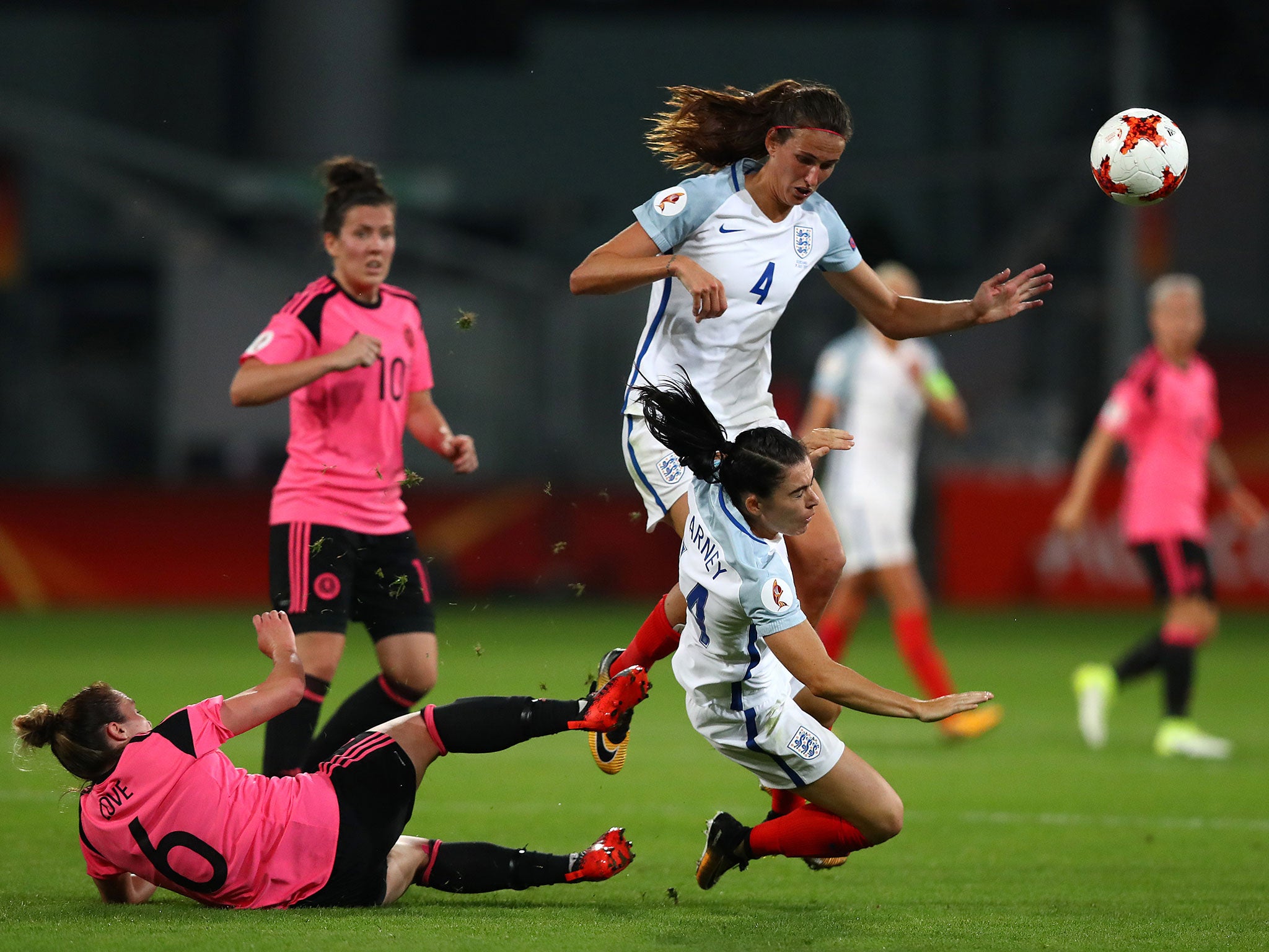 Karen Carney is brought down by Joanna Love during Wednesday's game