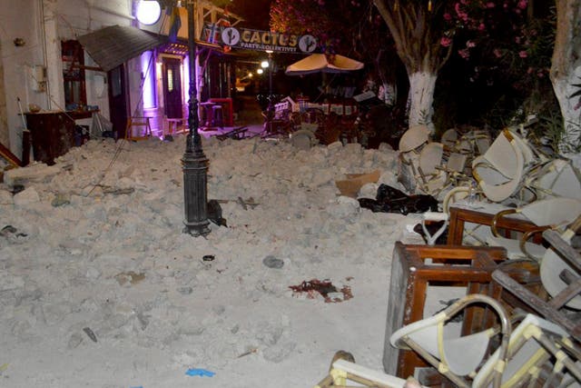 A damaged cafe is seen following an earthquake on the island of Kos