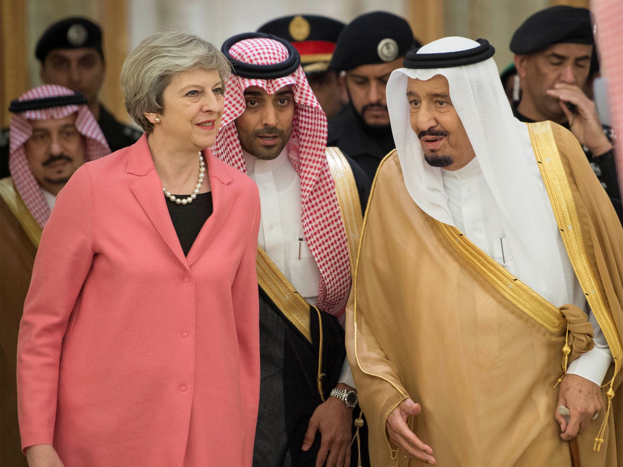 Saudi Arabia's King Salman bin Abdulaziz Al Saud welcomes British Prime Minister Theresa May in Riyadh, Saudi Arabia, in April
