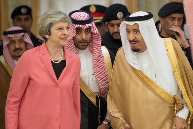 Saudi Arabia's King Salman bin Abdulaziz Al Saud welcomes British Prime Minister Theresa May in Riyadh, Saudi Arabia, in April
