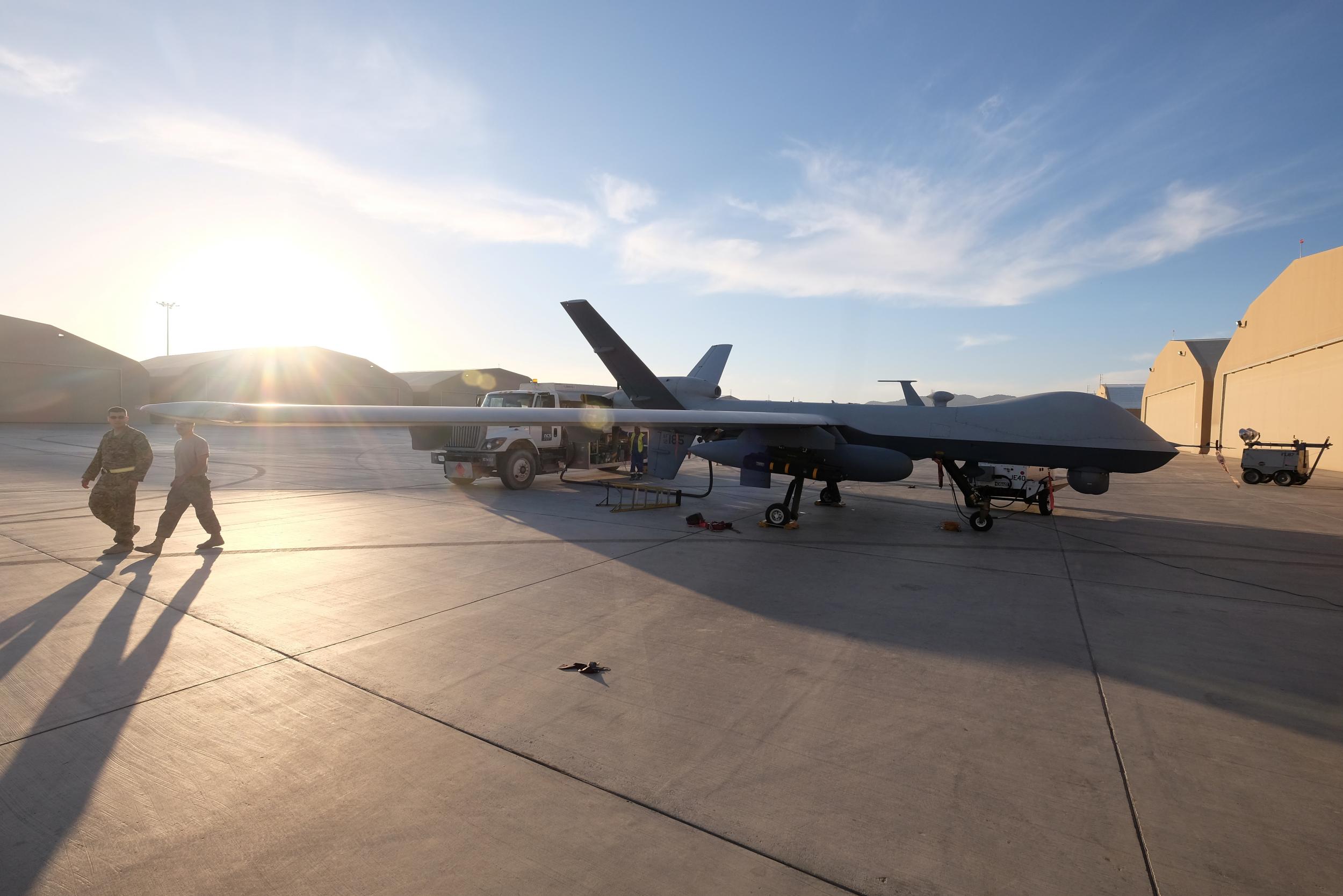 A US Air Force MQ-9 Reaper drone sits on the tarmac at Kandahar Air Field in Afghanistan