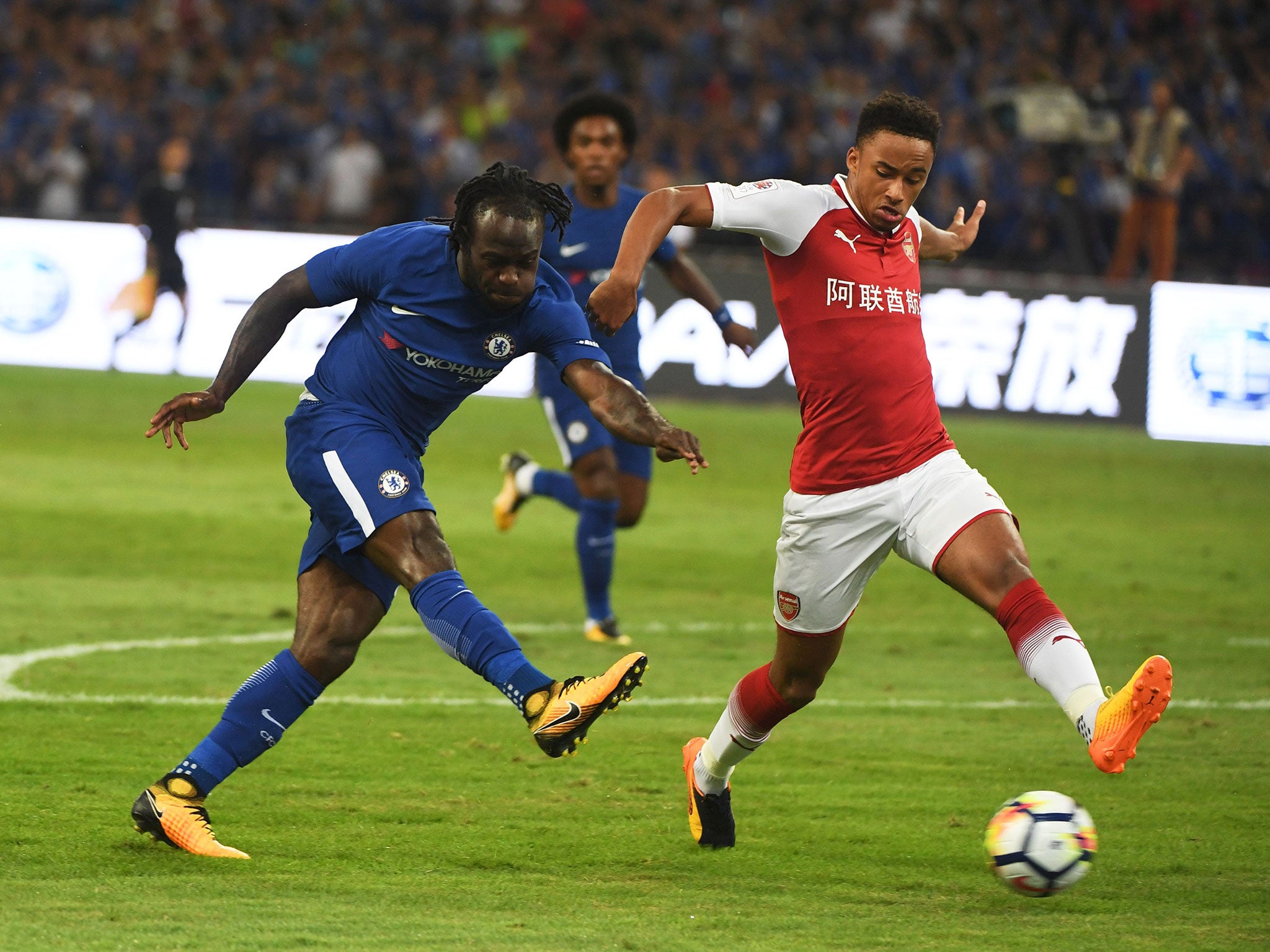 Victor Moses takes a shot on goal for Chelsea