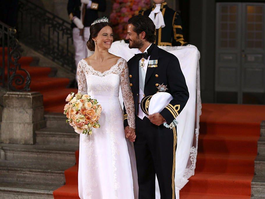Prince Carl Philip of Sweden with his new wife Princess Sofia of Sweden after their marriage ceremony in 2015