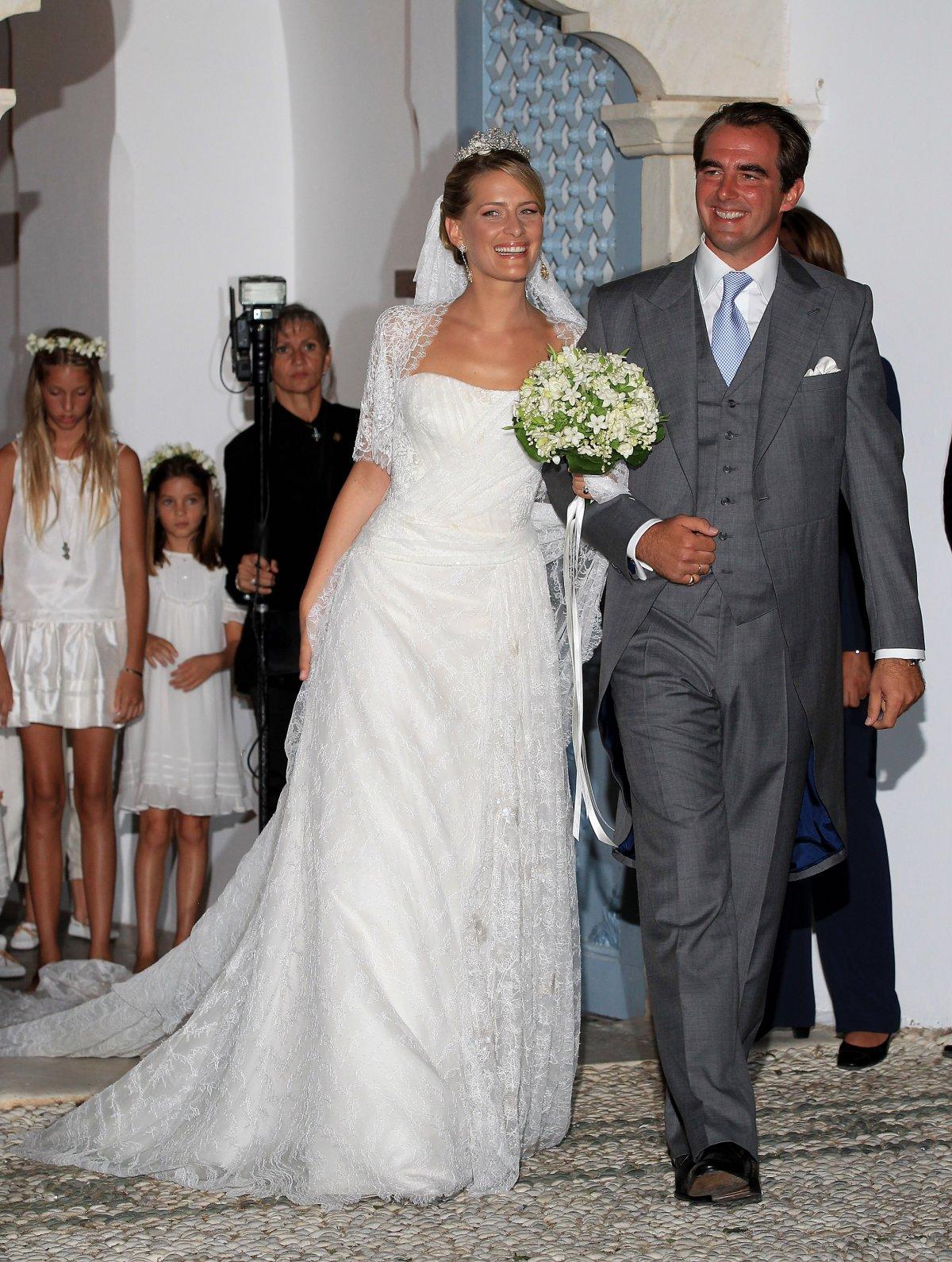 Prince Nikolaos of Greece and Princess Tatiana Blatnik leave after getting married at the Cathedral of Ayios Nikolaos in 2010 in Spetses, Greece.