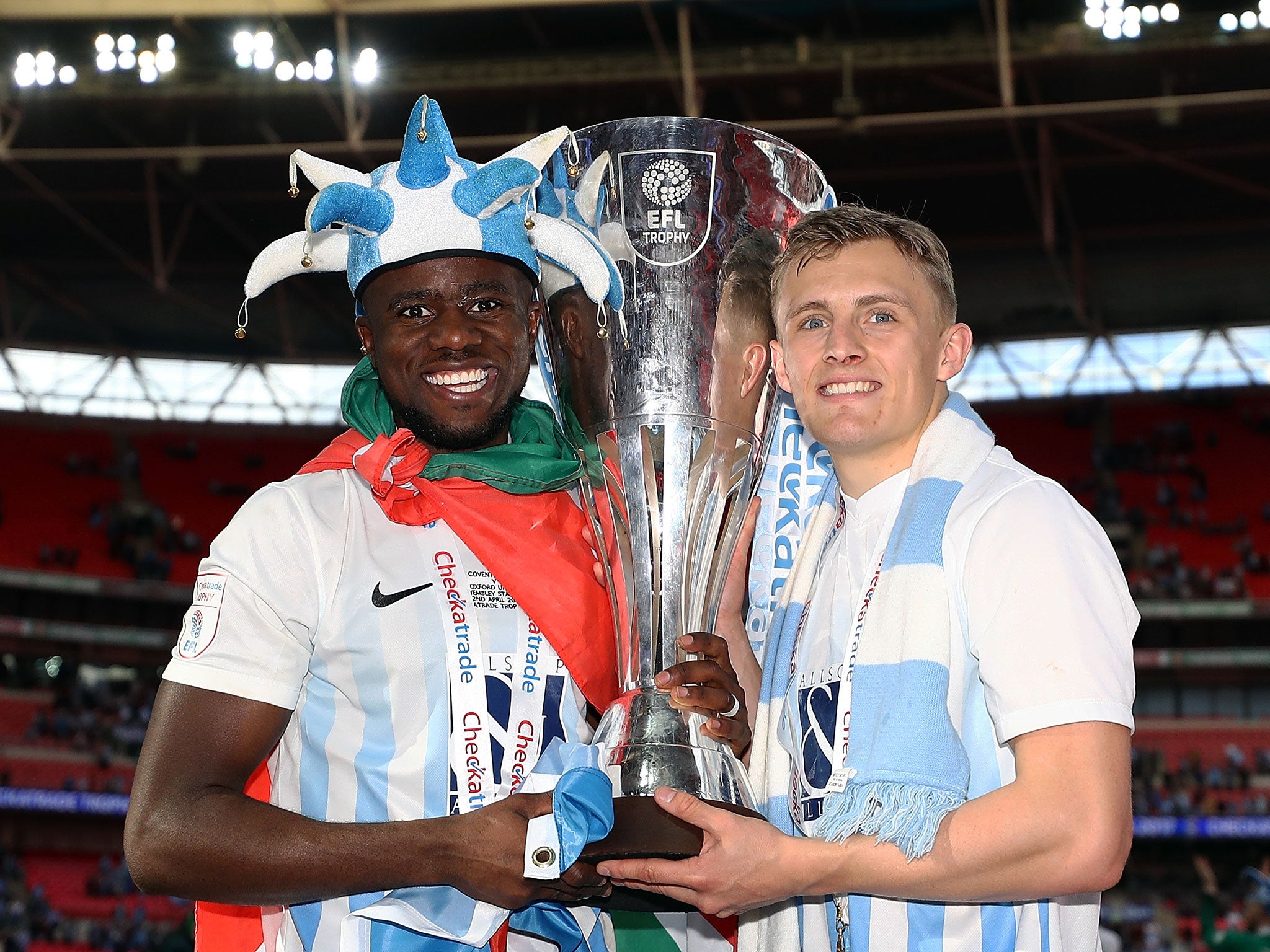 Thomas with Gael Bigirimana after winning the EFL Checkatrade Trophy Final