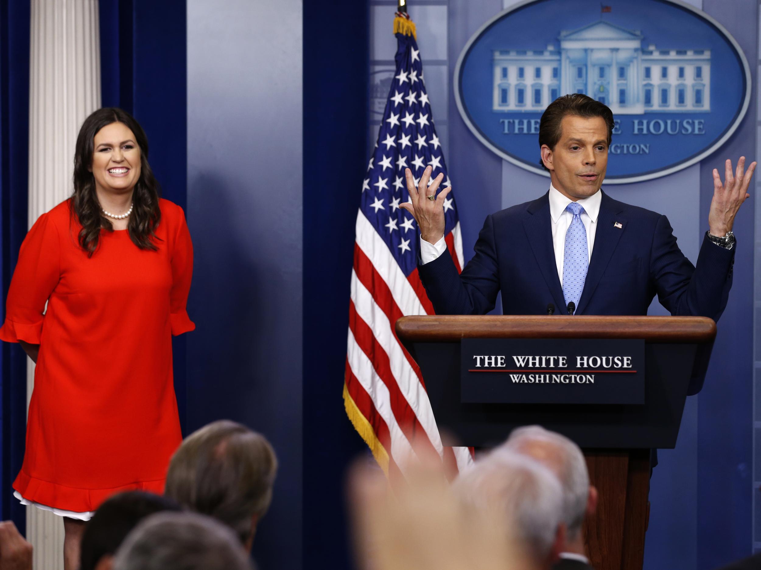 New White House Communications Director Anthony Scaramucci, flanked by White House Press Secretary Sarah Sanders, speaks at the daily briefing at the White House in Washington