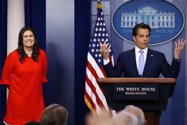 New White House Communications Director Anthony Scaramucci, flanked by White House Press Secretary Sarah Sanders, speaks at the daily briefing at the White House in Washington