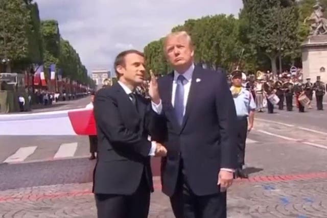 French President Emmanuel Macron shaking hands with US President Donald Trump during Bastille Day celebrations