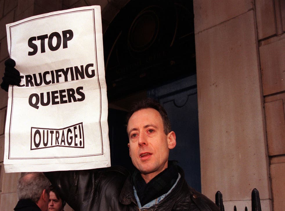 Peter Tatchell campaigns outside the Scotland Office at Dover House, London