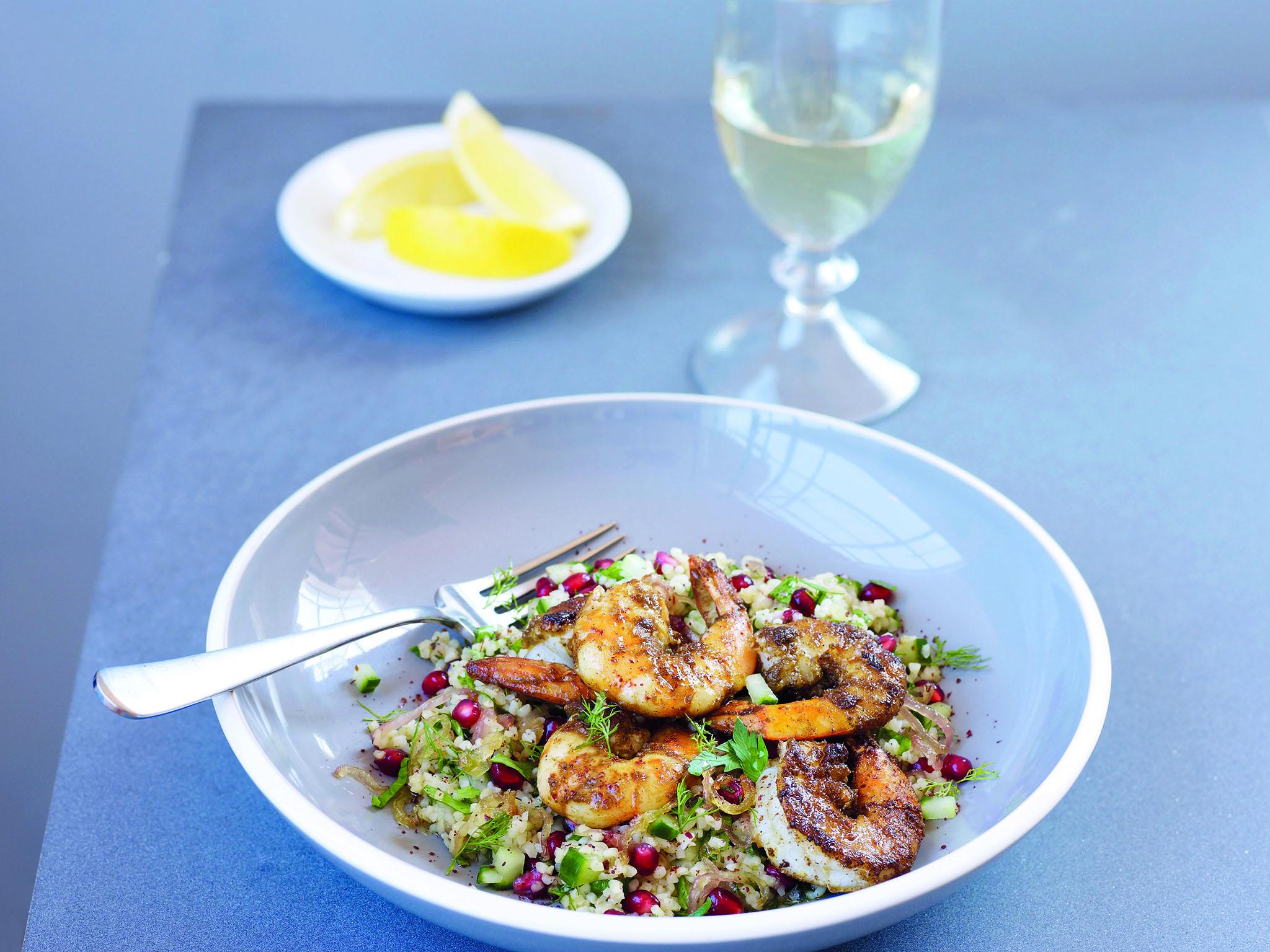 &#13;
With pomegrante, cucumber and bulgur wheat this prawn dish is summery and fresh &#13;