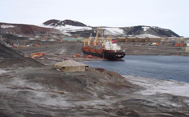 The supply ship MV American Tern during cargo operations at McMurdo Station during Operation Deep Freeze 2007