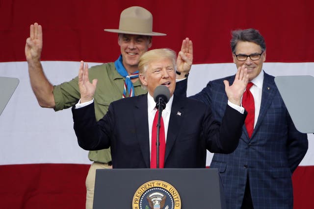 The tangerine Baden-Powell of the Oval Office: Trump addresses the Boy Scout Jamboree in West Virginia on Monday