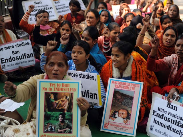 A protest in solidarity with victims of endosulfan in New Delhi in 2010; the insecticide caused health problems for people living in India as well as Bangladesh