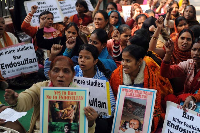 A protest in solidarity with victims of endosulfan in New Delhi in 2010; the insecticide caused health problems for people living in India as well as Bangladesh