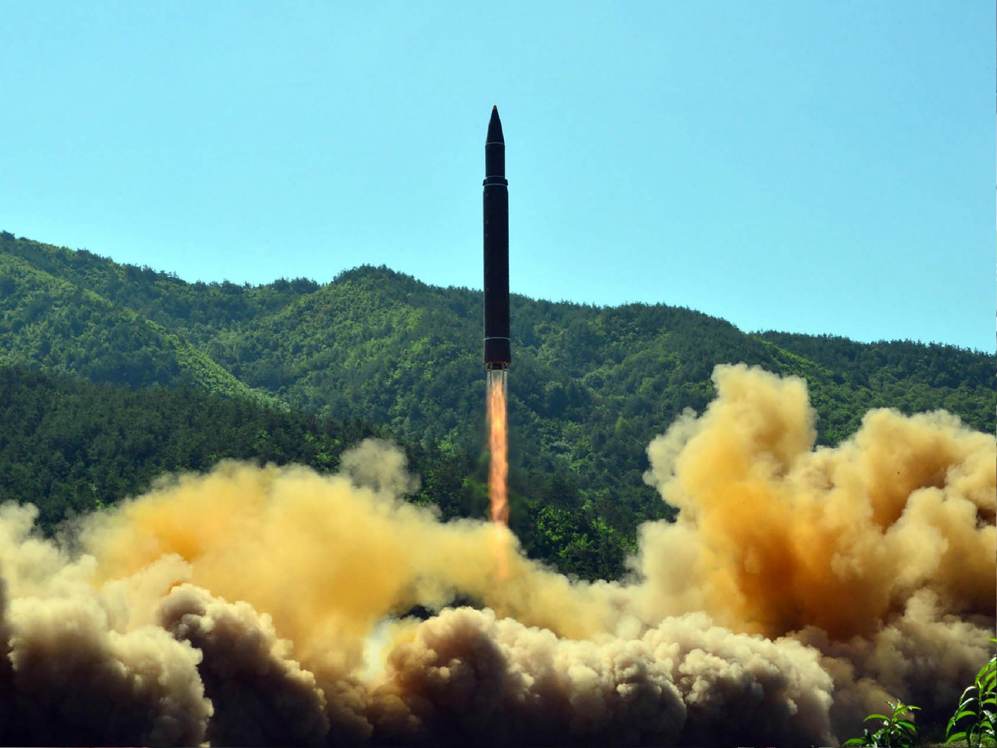 This picture taken on July 4, 2017 and released by North Korea's official Korean Central News Agency (KCNA) on 5 July 2017 shows the successful test-fire of the intercontinental ballistic missile Hwasong-14 at an undisclosed location.