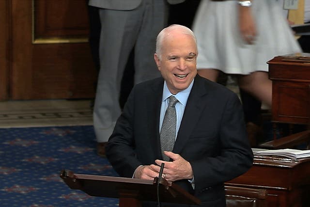Senator John McCain speaks the floor of the Senate on Capitol Hill in Washington on 25 July