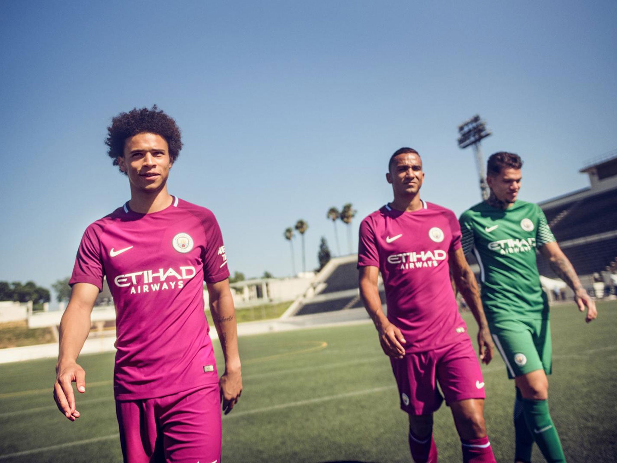 Danilo alongside fellow new City signing Ederson (right) and Leroy Sane (left)