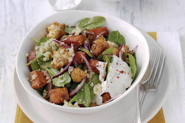 Yam busters: sweet potato and yoghurt provides a honeyed, creamy backdrop to a fresh salad