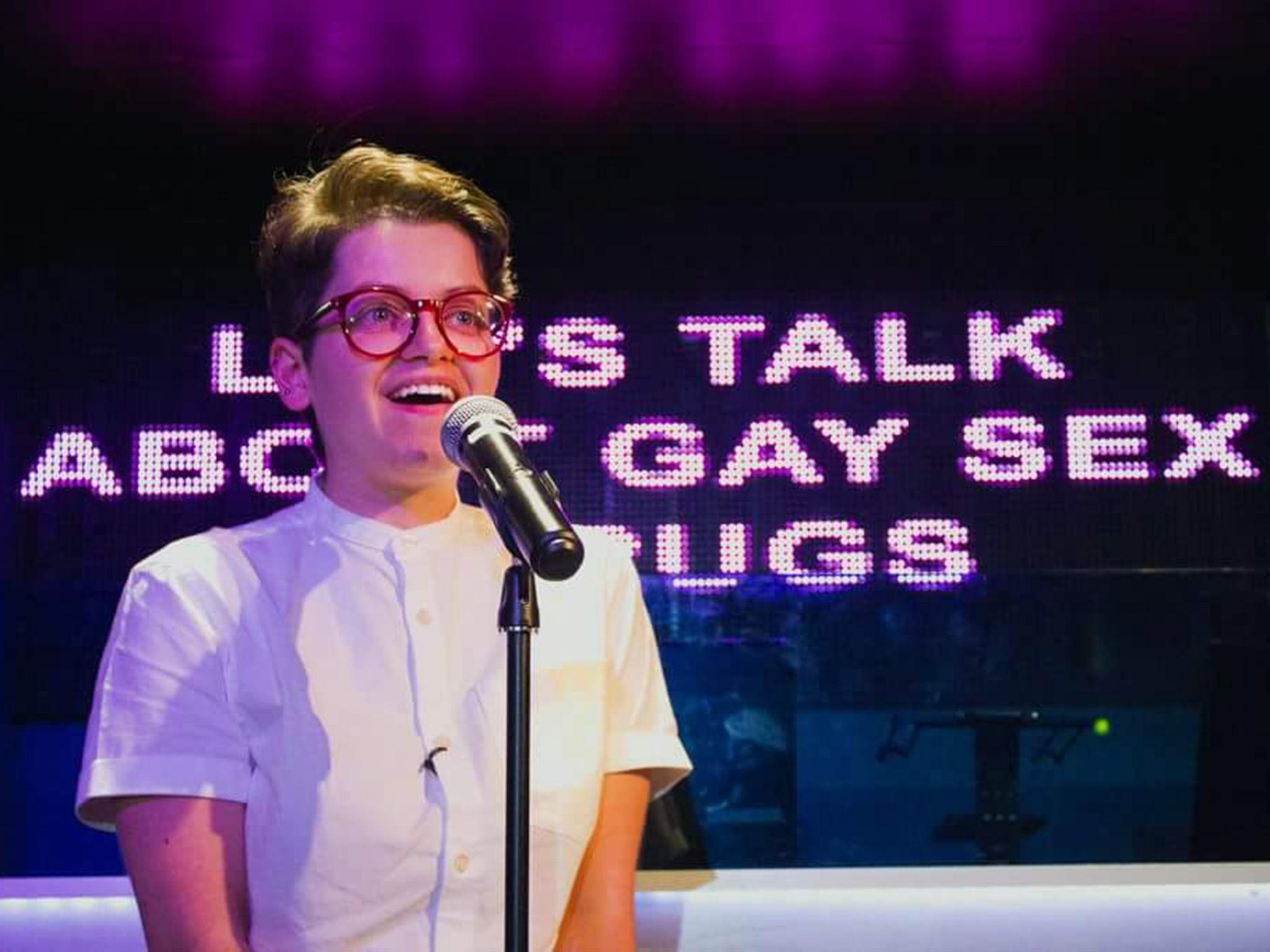 Dani Singer speaking at the open mic night ‘Let’s Talk about Gay Sex and Drugs’ in Soho, London