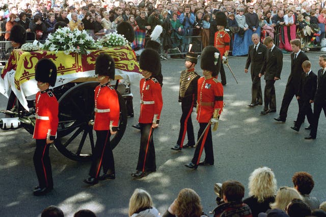 The Duke of Edinburgh, Prince William, the Earl of Spencer, Prince Harry and Prince Charles walk behind the coffin of Diana, Princess of Wales
