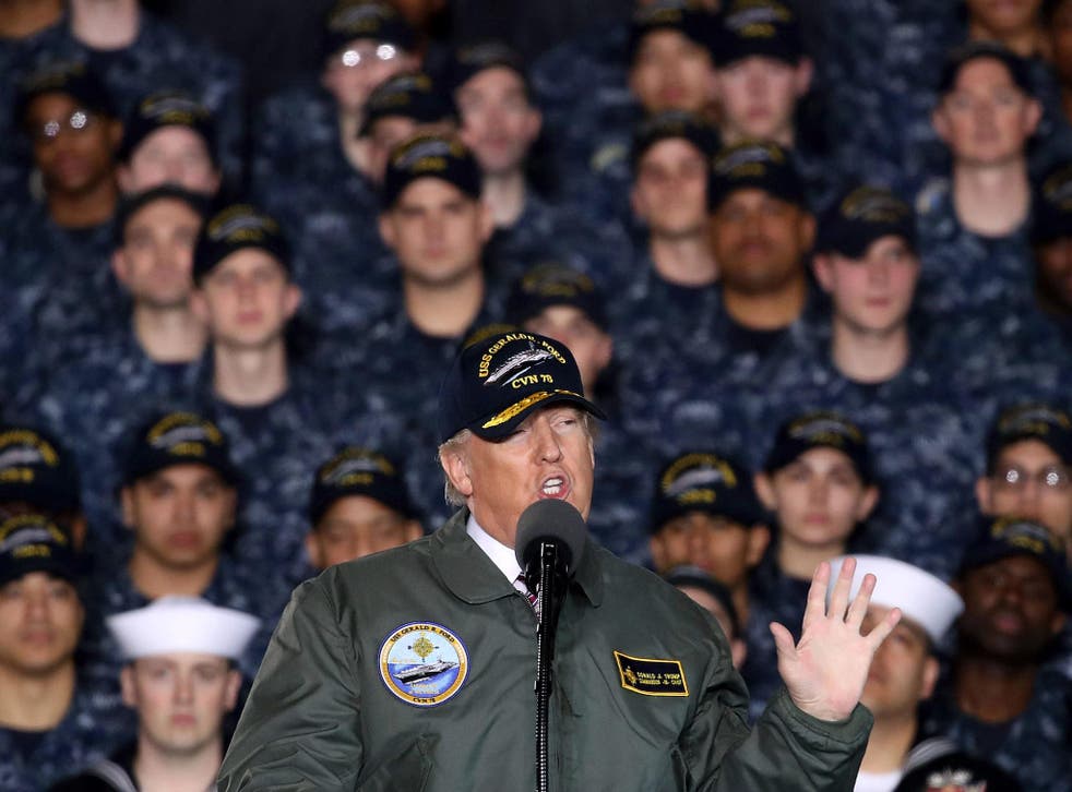 U.S. President Donald Trump speaks to members of the U.S. Navy and shipyard workers on board the USS Gerald R. Ford CVN 78
