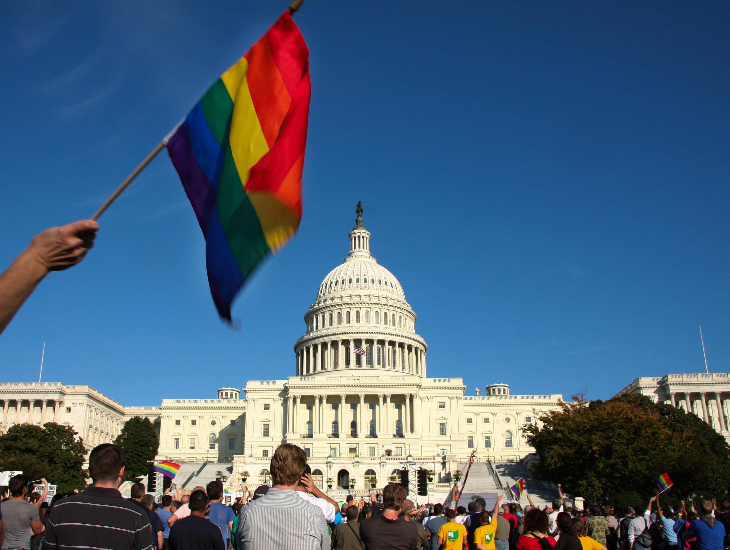 A demonstrator waves a rainbow flag in front of the US Capitol in Washington