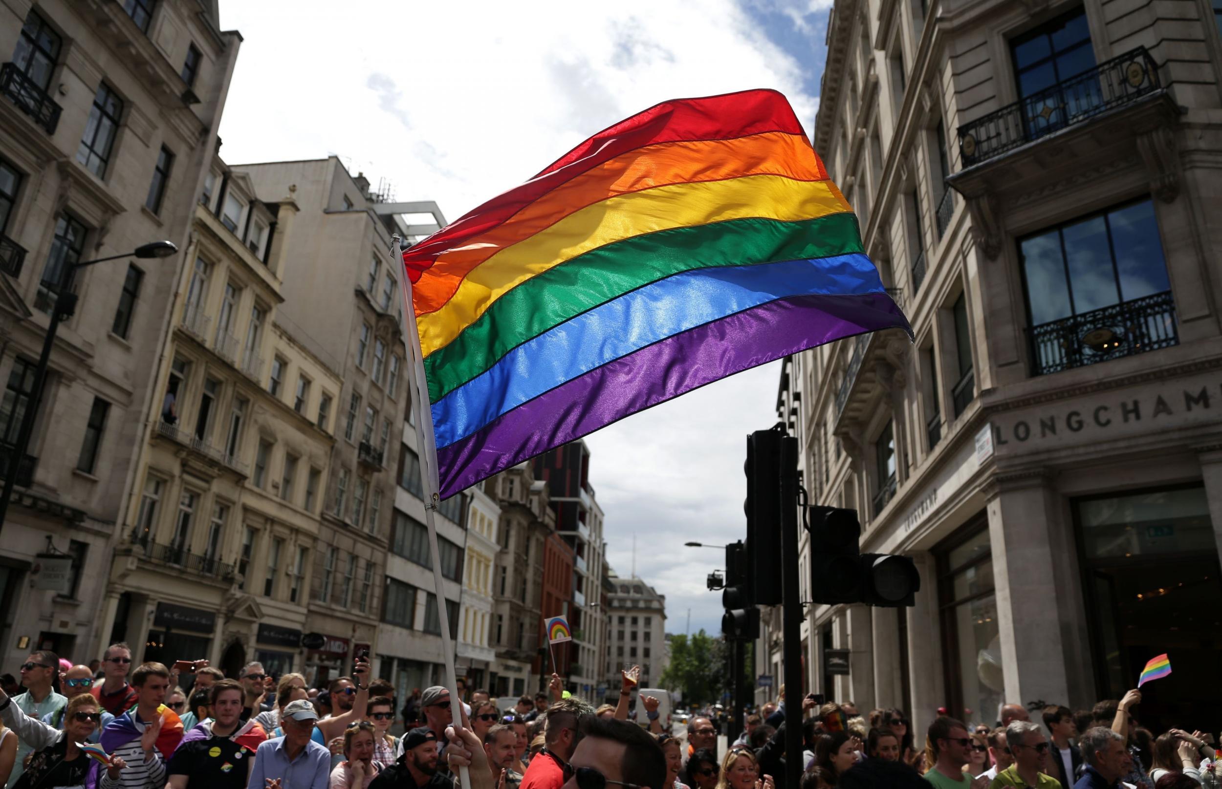 A rainbow flag is held aloft in London's Pride parade last month