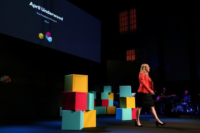 Slack offers a messaging and collaboration software used by companies worldwide. April Underwood, vice president of product, is seen here at a conference in Silicon Valley