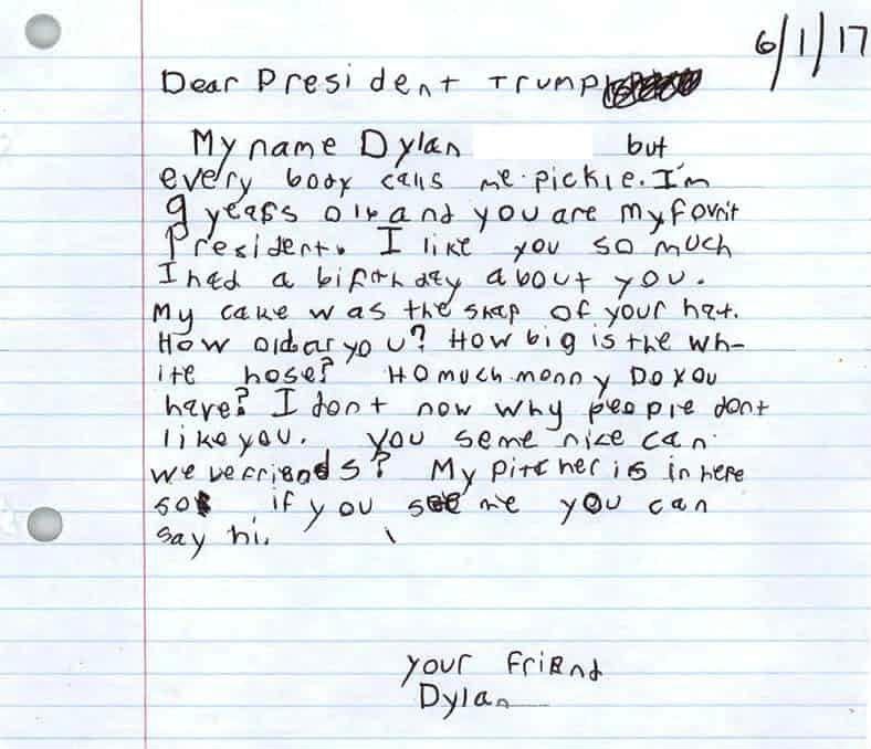The White House shared the piece of junior fan mail