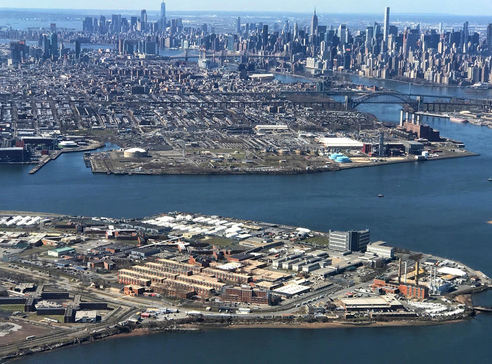 The Rikers Island Prison complex (foreground) is seen from an airplane in the Queens borough of New York City