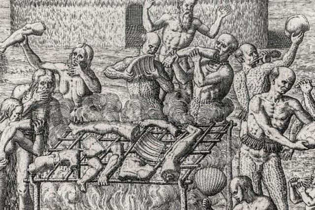 Barbecue: images of indigenous people grilling their own – such as this by 16th-century engraver Theodor de Bry – served the colonial agenda in South America