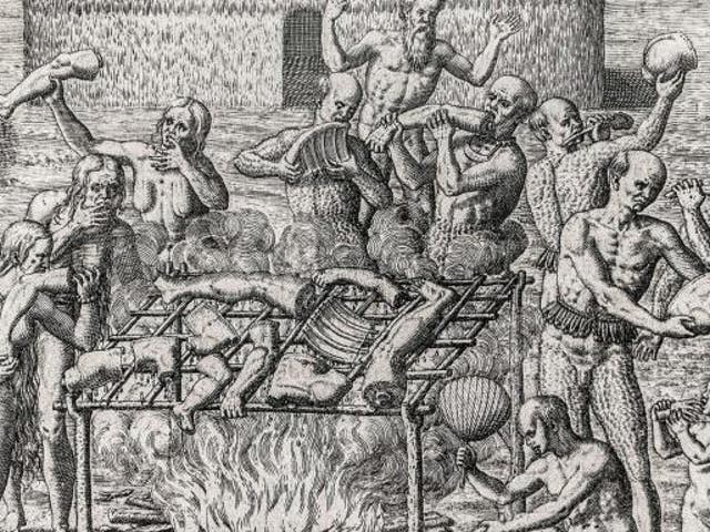 Barbecue: images of indigenous people grilling their own – such as this by 16th-century engraver Theodor de Bry – served the colonial agenda in South America