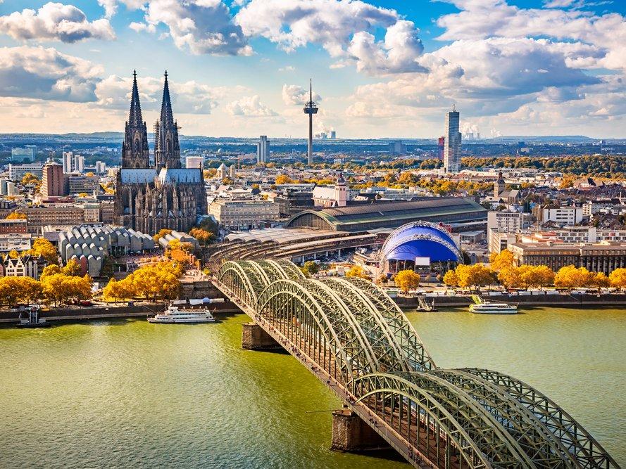 A view over the Rhine River in Cologne, Germany.