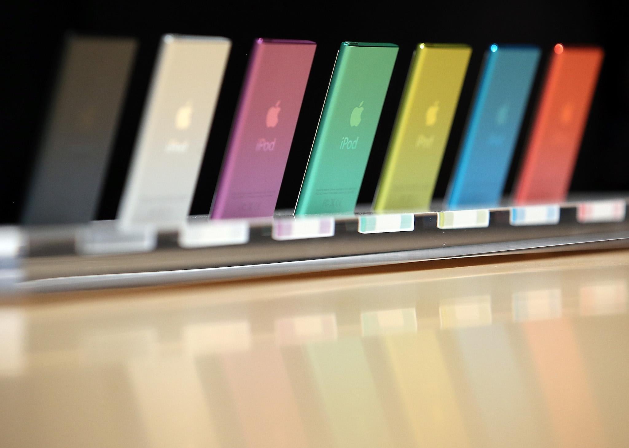 iPods are displayed after an Apple special event at the Yerba Buena Center for the Arts on September 12, 2012 in San Francisco, California