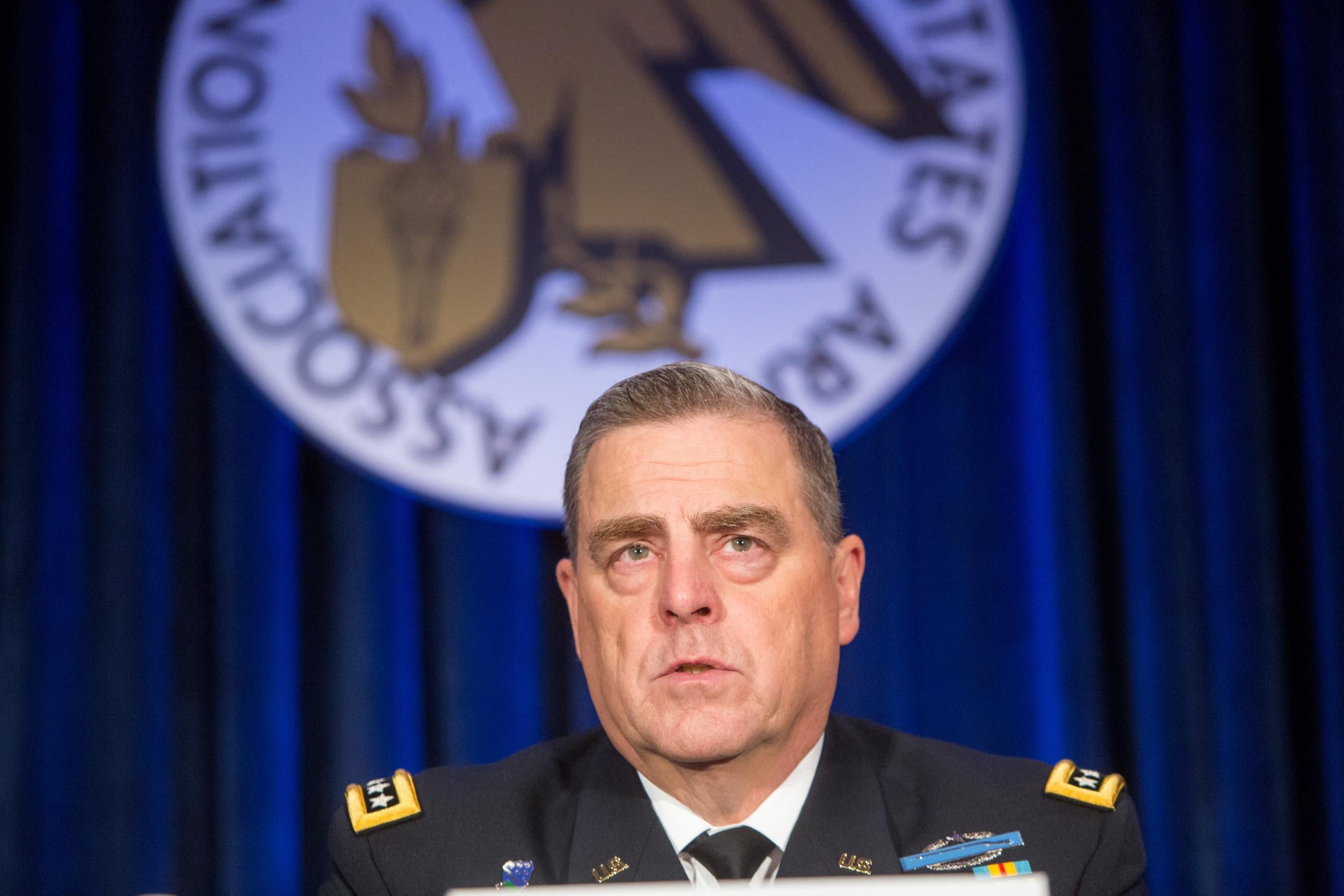 Army Chief of Staff General Mark Milley speaks on a panel during the Association of US Army Annual Meeting